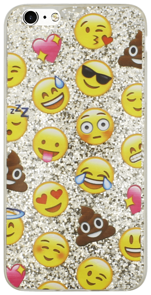 Apple iPhone 6 Plus kemény hátlap emoji mintás, flitteres ezüst