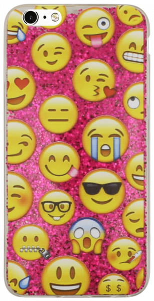 Apple iPhone 6S Plus kemény hátlap emoji mintás, flitteres rózsaszín