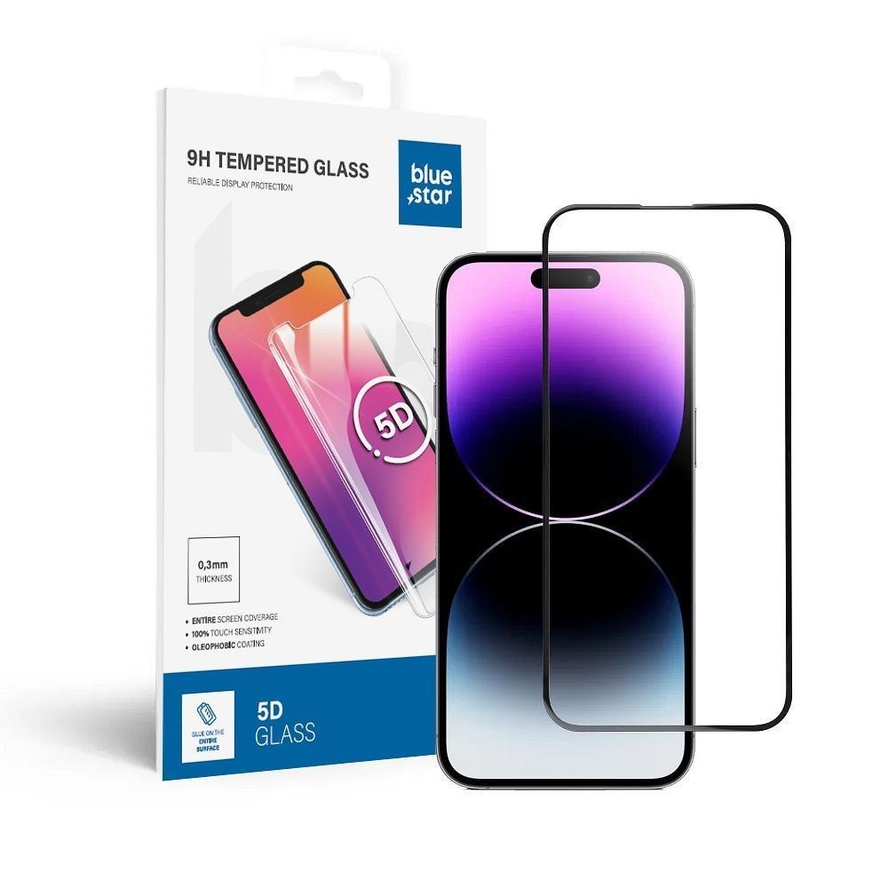 Edzett Üveg Blue Star – iPhone 14 Pro Max-hoz, 5D Teljes Borítás, Fekete