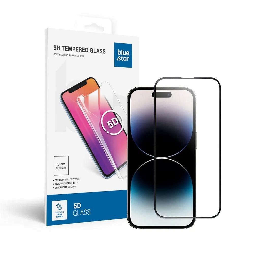 Edzett Üveg Blue Star – iPhone 14 Pro-hoz, 5D Teljes Borítás, Fekete