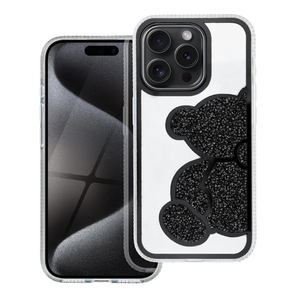 TEDDY BEAR Tok iPhone 15-höz – Elegáns Védelem csillogó fekete színben